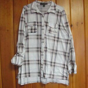 Womens Brown Flannel Shirt sz L Hi Low Brown Off white Plaid Flannel with Pocket